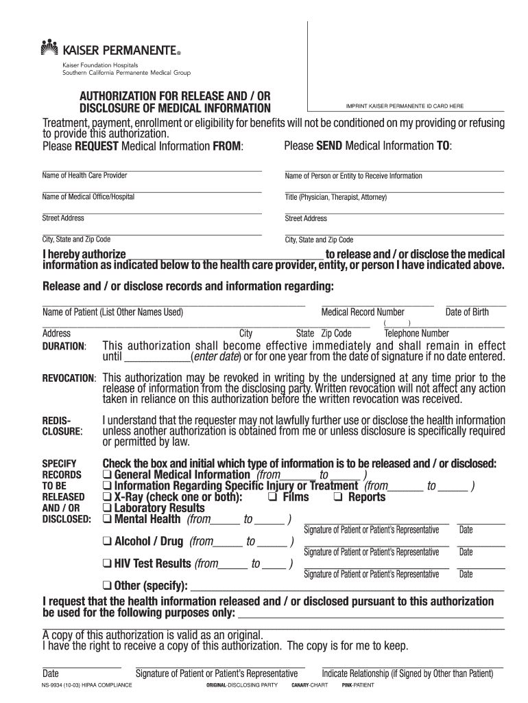 Kaiser Permanente Forms Medical Release Forms Fill Out And Sign 
