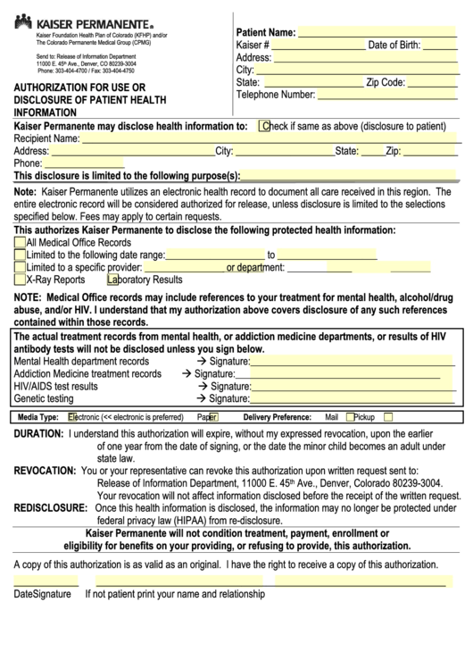 Kaiser Permanente Release Of Information Colorado