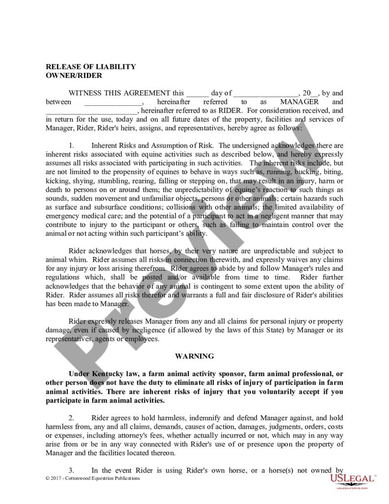 Kentucky Release Of Liability Owner Rider Release Of Liability Form 