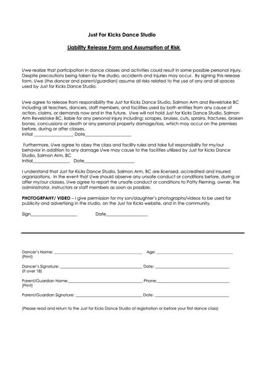 Liability Release Form And Assumption Of Risk Form Dance Studio 