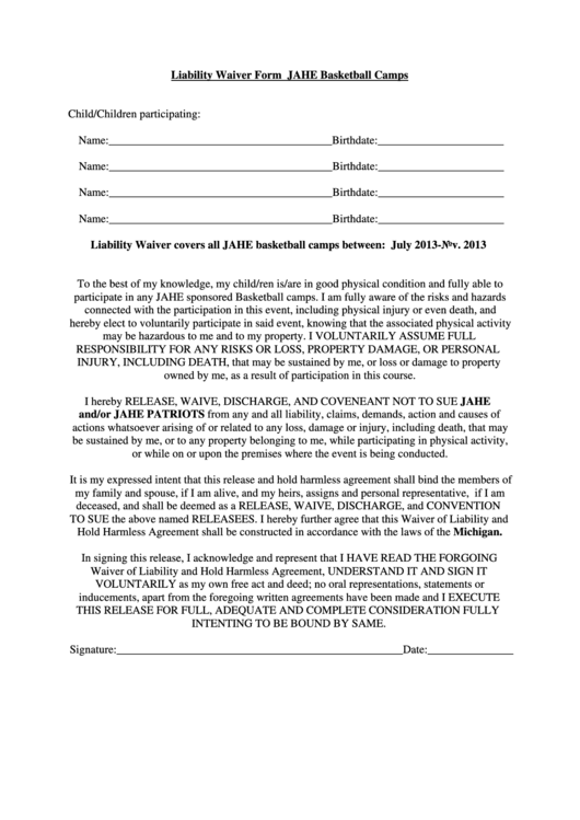 Liability Waiver Form Jahe Basketball Camps Child Children Printable 