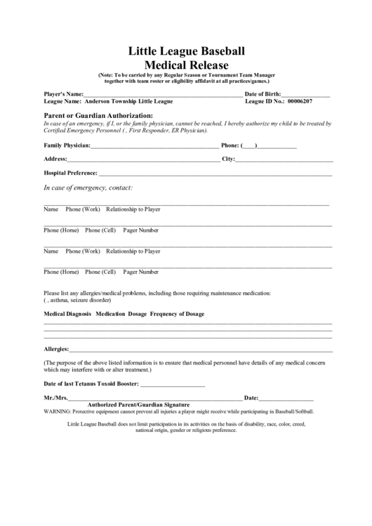 Little League Baseball Medical Release Printable Pdf Download