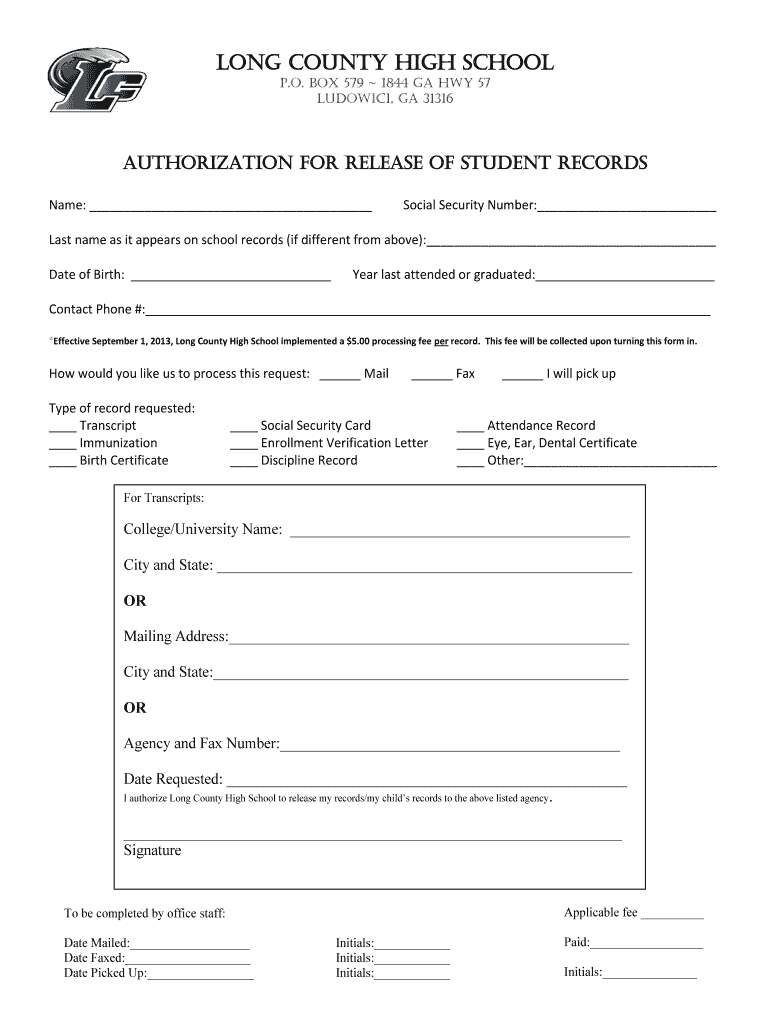 Long County School System Authorization For Release Of Student Records 