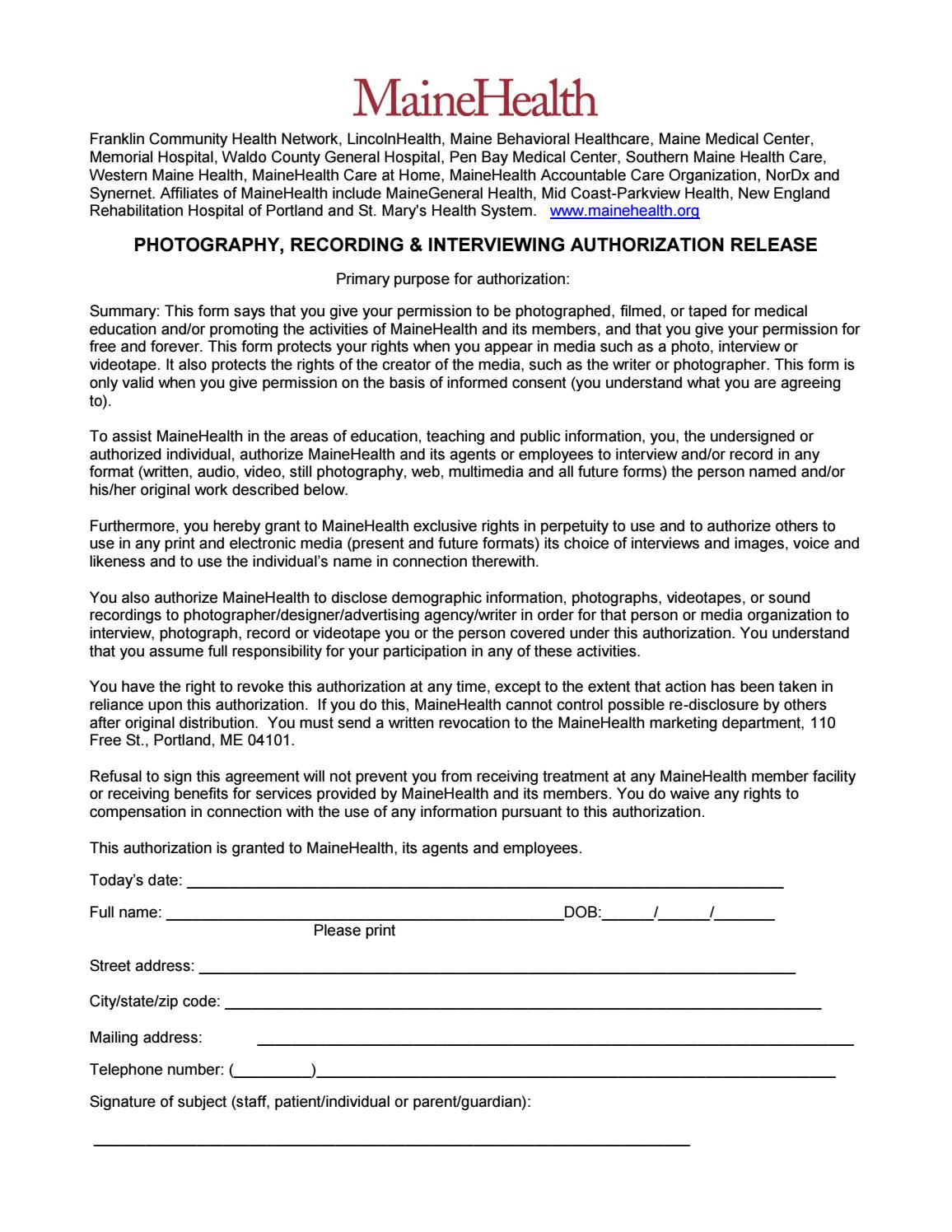 MaineHealth Photo Release Form By Pen Bay Medical Center Issuu