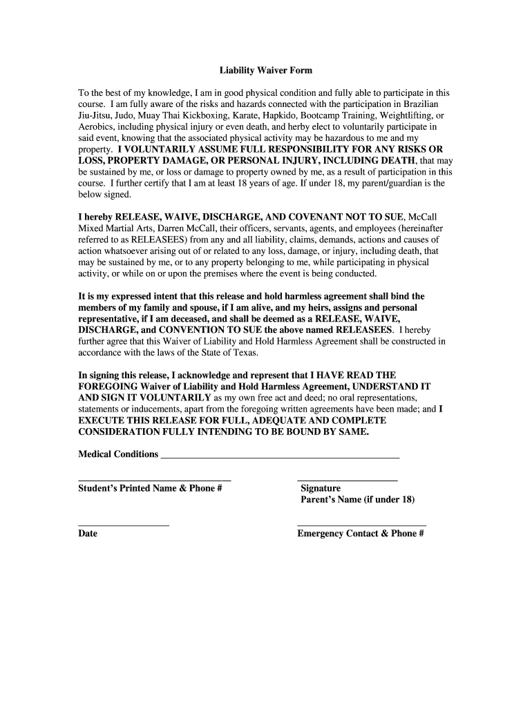 McCall Mixed Martial Arts Liability Waiver Form Fill And Sign 