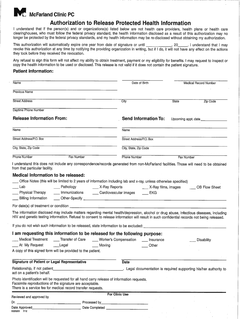 Mcfarland Clinic Health Information Online Fill Online Printable