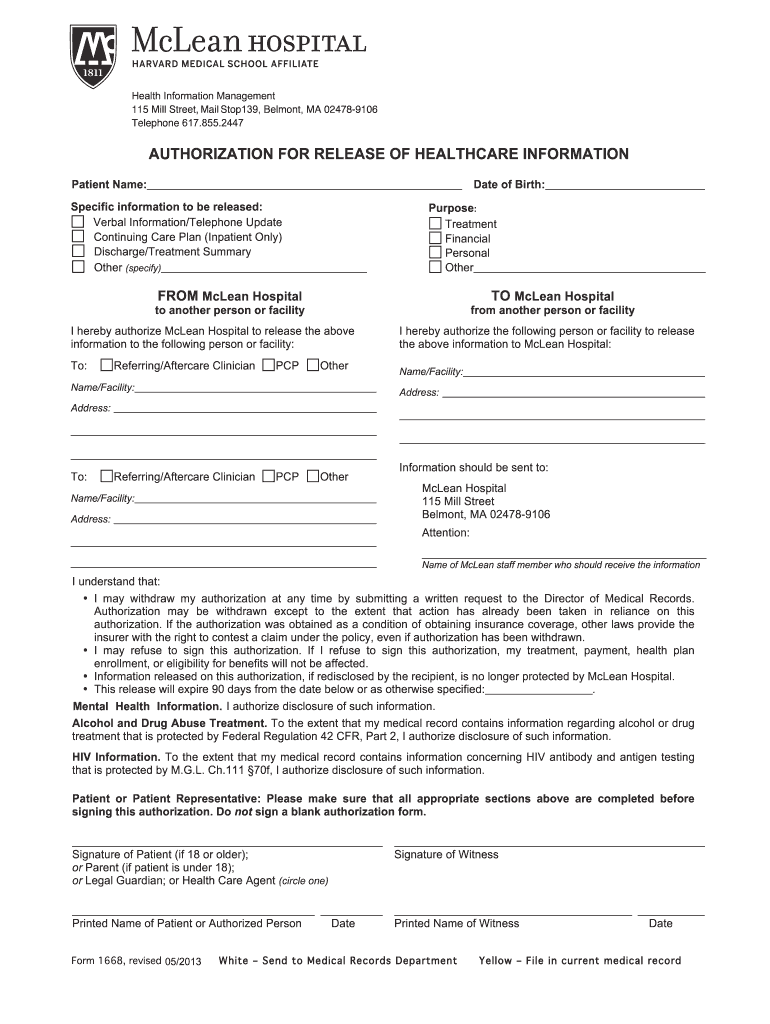 Mclean Hospital Medical Records Release Form