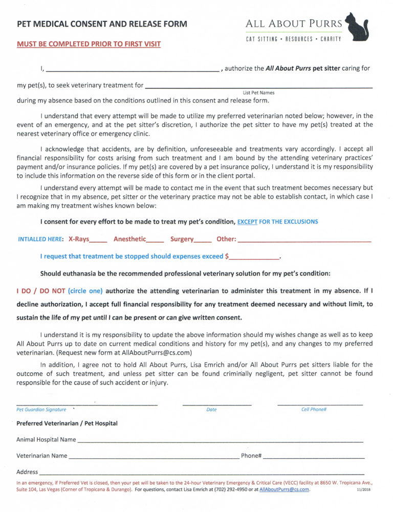 Medical Consent Release Form All About Purrs