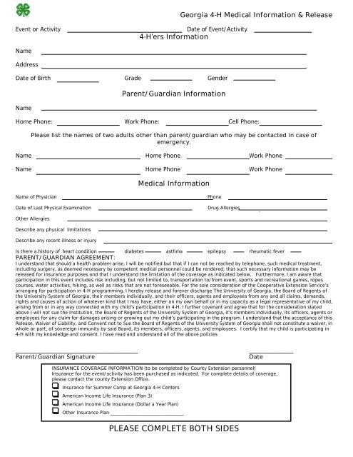 Medical Information And Release Form Georgia 4 H