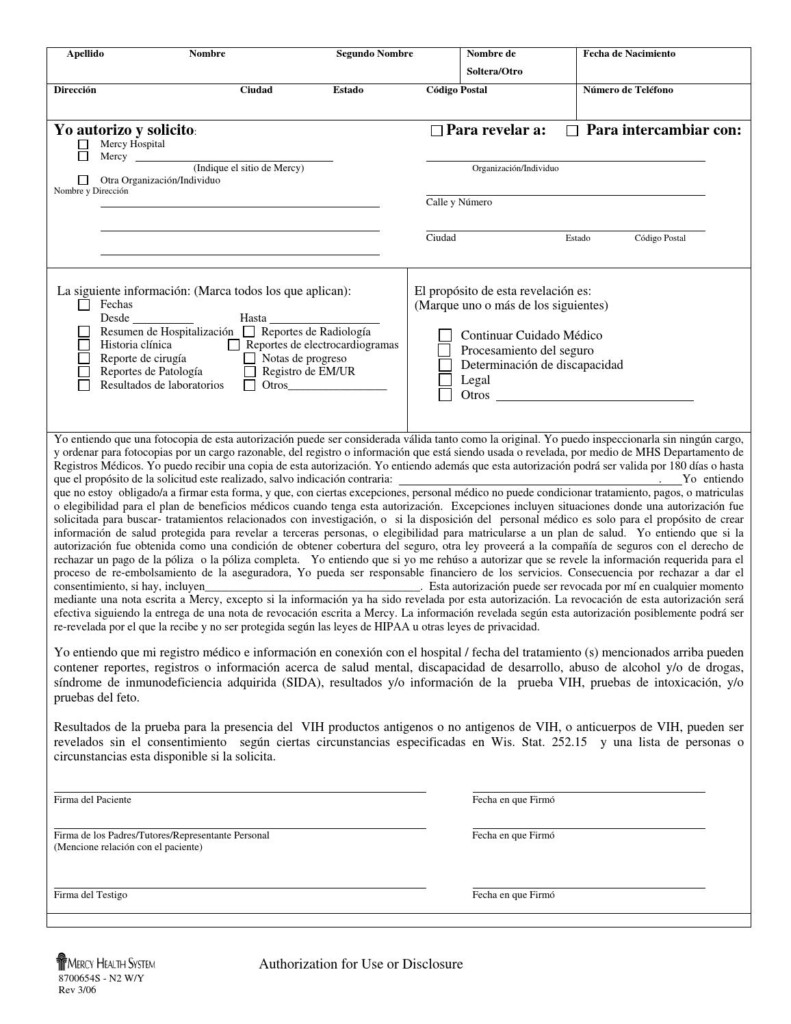 Medical record release and transfer form en espanol By Mercy Health 