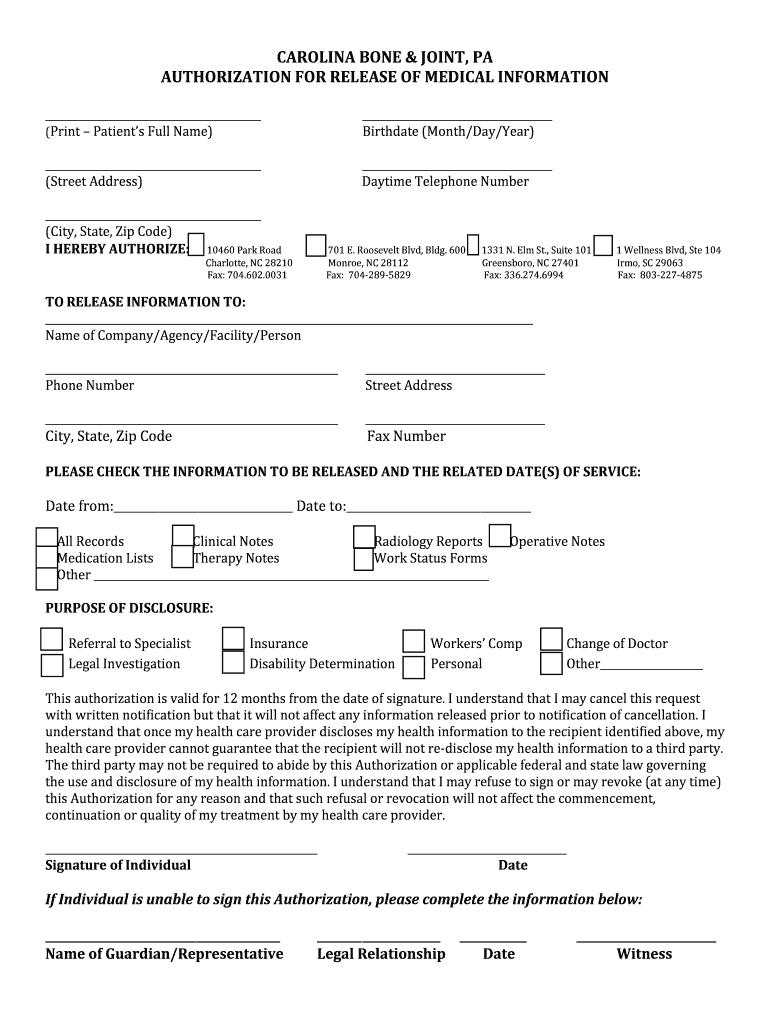 Medical Records Release Carolina Bone And Joint PA Fill And Sign 