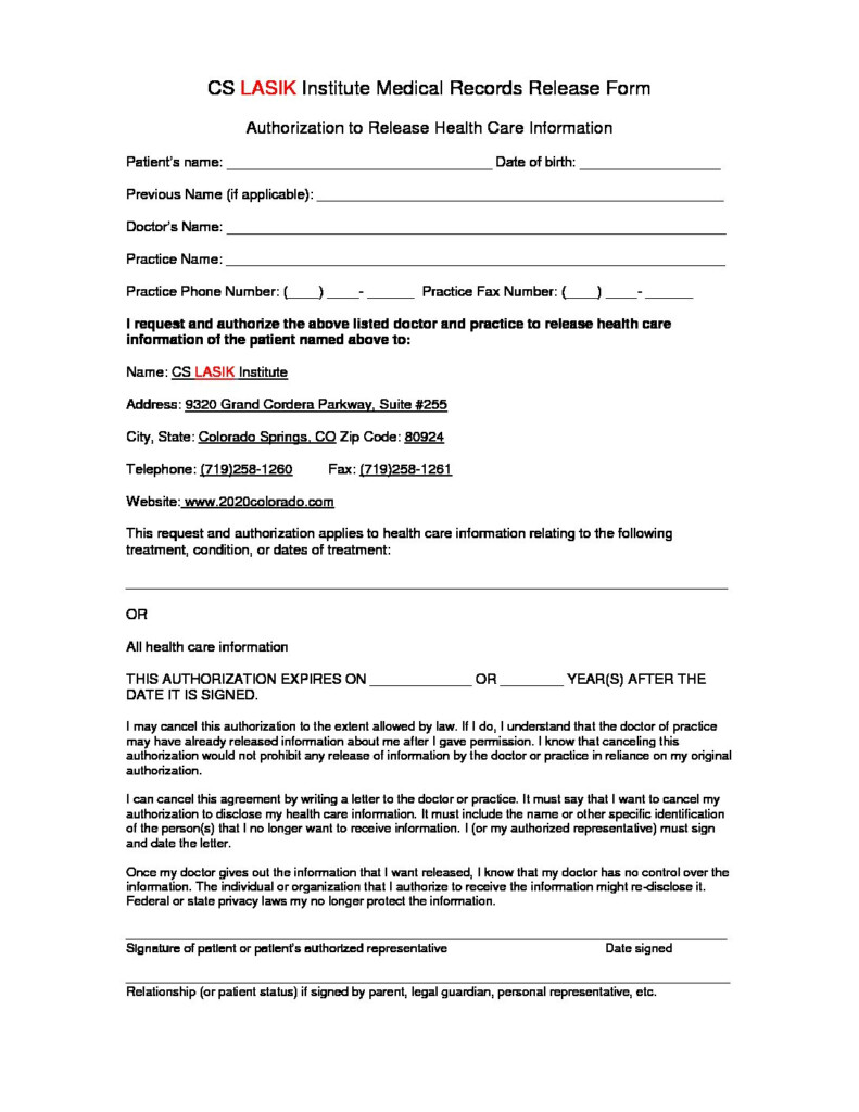 Medical Records Release Form CS LASIK Institute