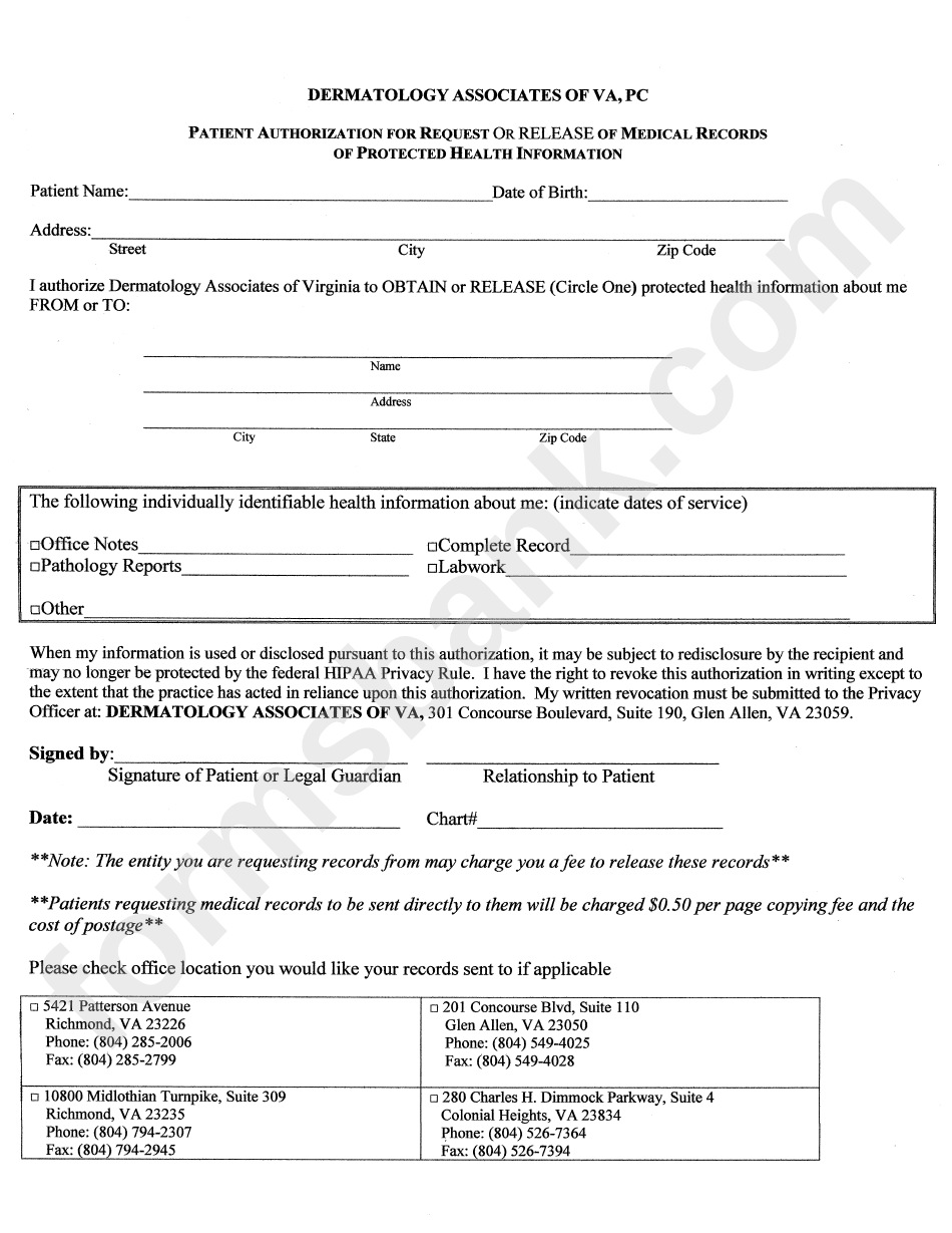 Medical Records Release Form Dermatology Associates Of Va Pc