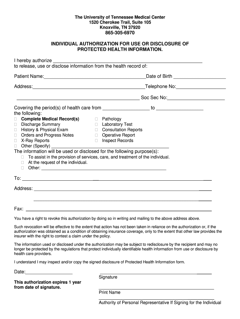 Medical Records Release Form The University Of Tennessee