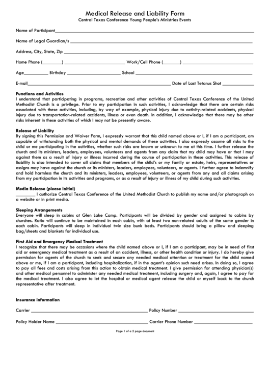 Medical Release And Liability Form Texas Printable Pdf Download