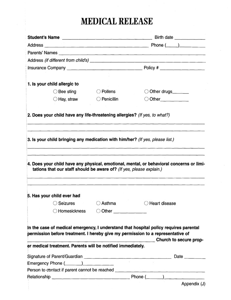 Medical Release Form For Adults Templates Free Printable