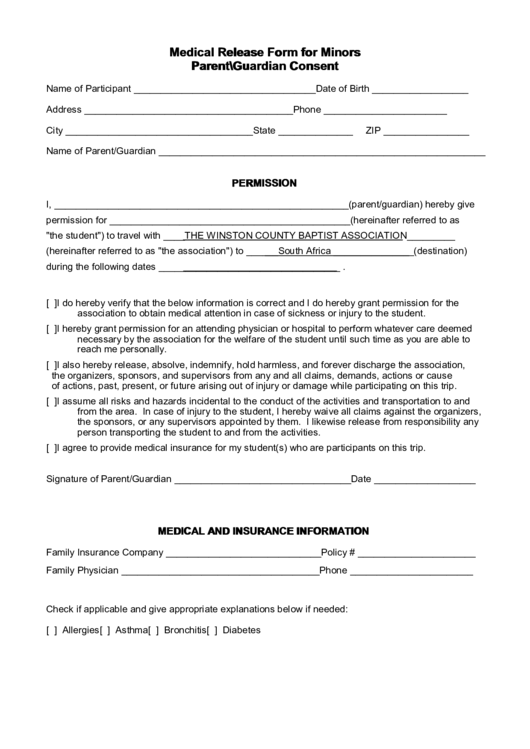 Medical Release Form For Minors Parent Guardian Consent Printable Pdf