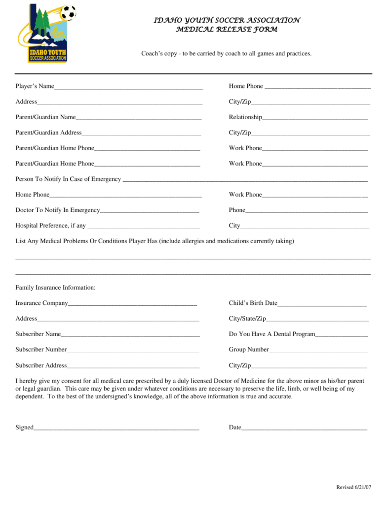 Medical Release Form Idaho Youth Soccer Association Download 