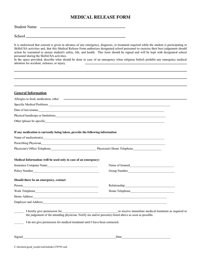 Medical Release Form In Word And Pdf Formats