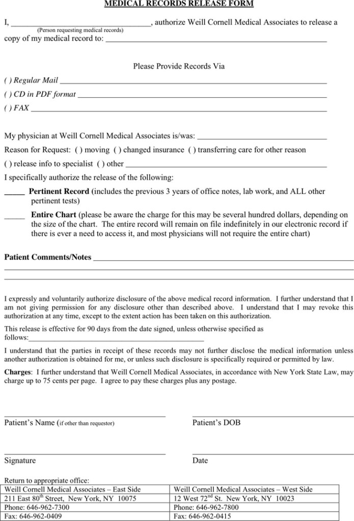 Medical Release Form Ny Templates Free Printable
