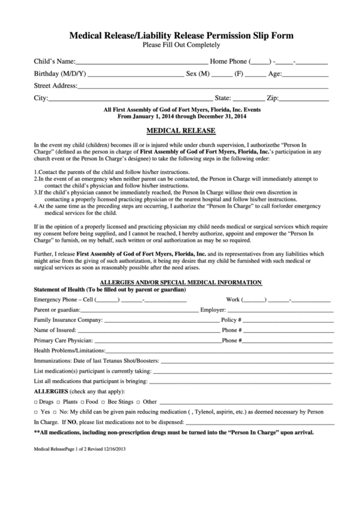 Medical Release Liability Release Permission Slip Form Printable Pdf 