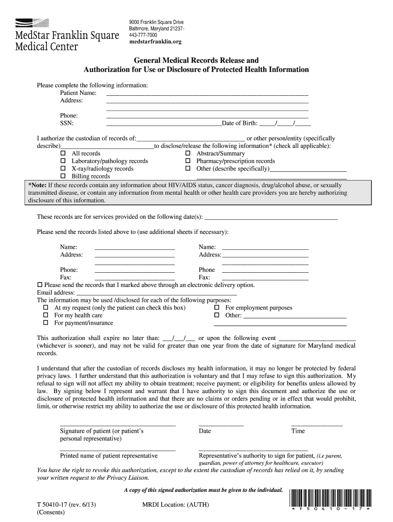 Medstar Franklin Square T 50410 17 2013 Fill And Sign Printable 