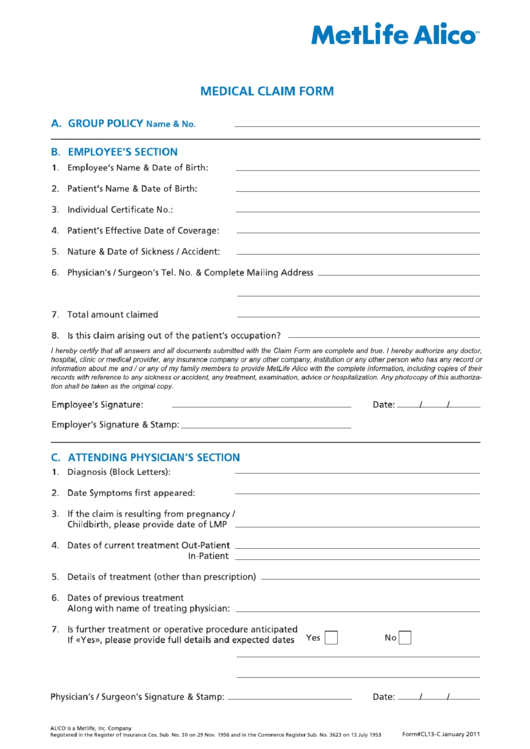 Metlife Alico Medical Claim Form Printable Pdf Download