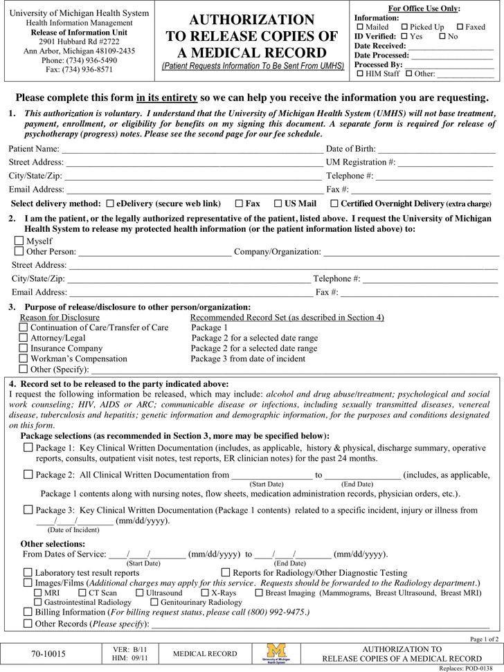 Michigan Medical Records Release Form Download Free Printable Blank 