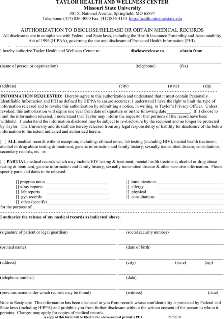 Missouri Medical Record Release Form Download Free Printable Blank 
