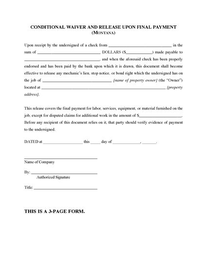 Montana Conditional Waiver And Release Of Lien Upon Final Payment 