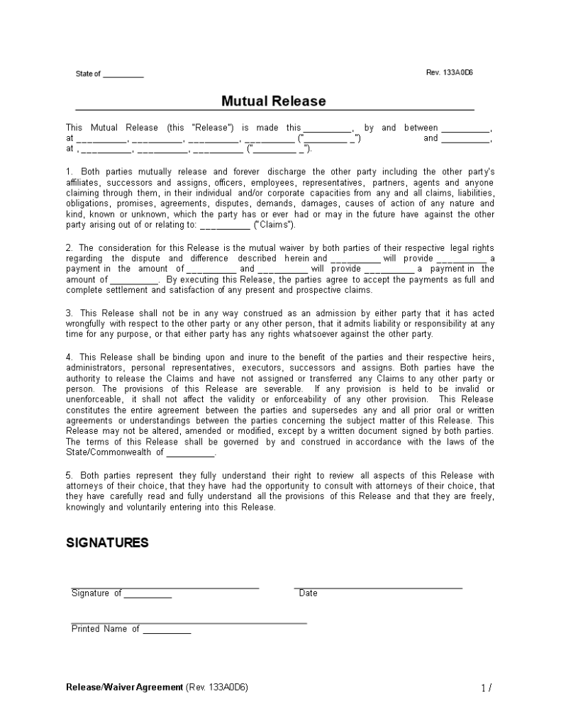 Mutual Release Waiver Agreement Templates At Allbusinesstemplates