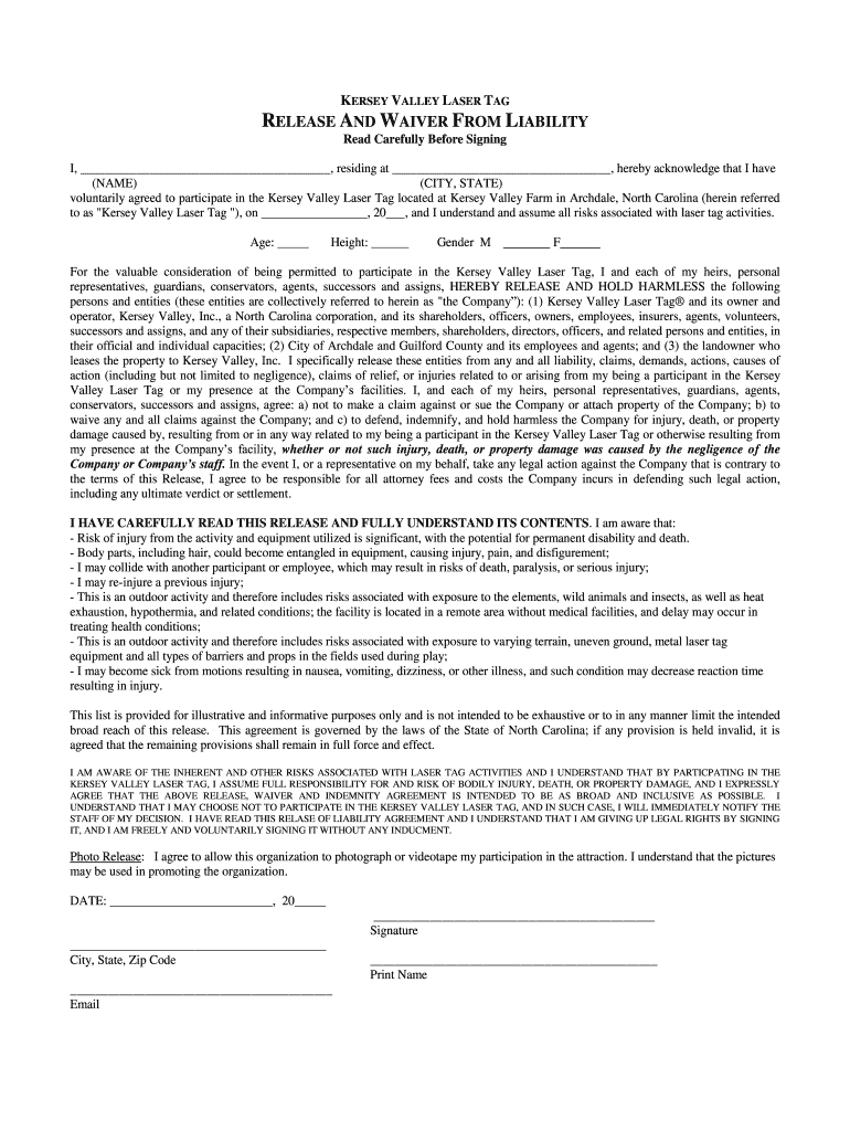 NC Kersey Valley Laser Tag Release And Waiver From Liability Fill And 