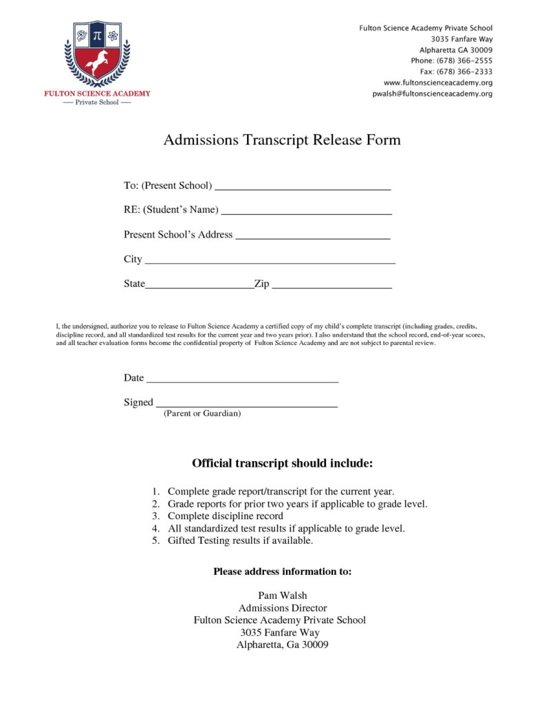 New Admissions Transcript Release Form 1 Fulton Science Academy 