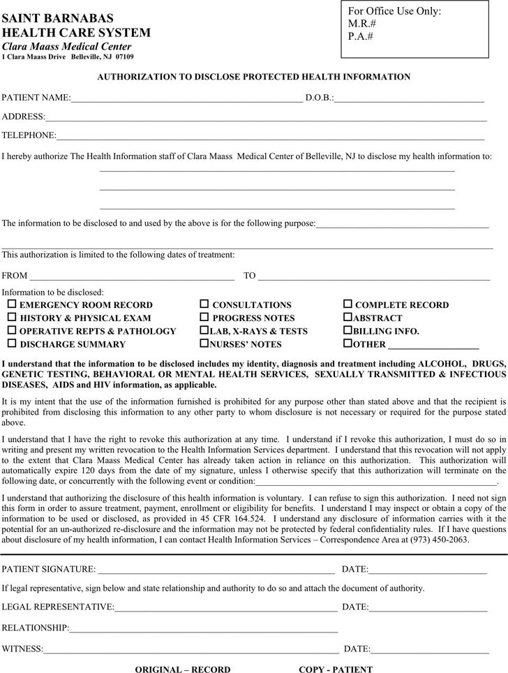 New Jersey Medical Records Release Form Download Free Printable Blank