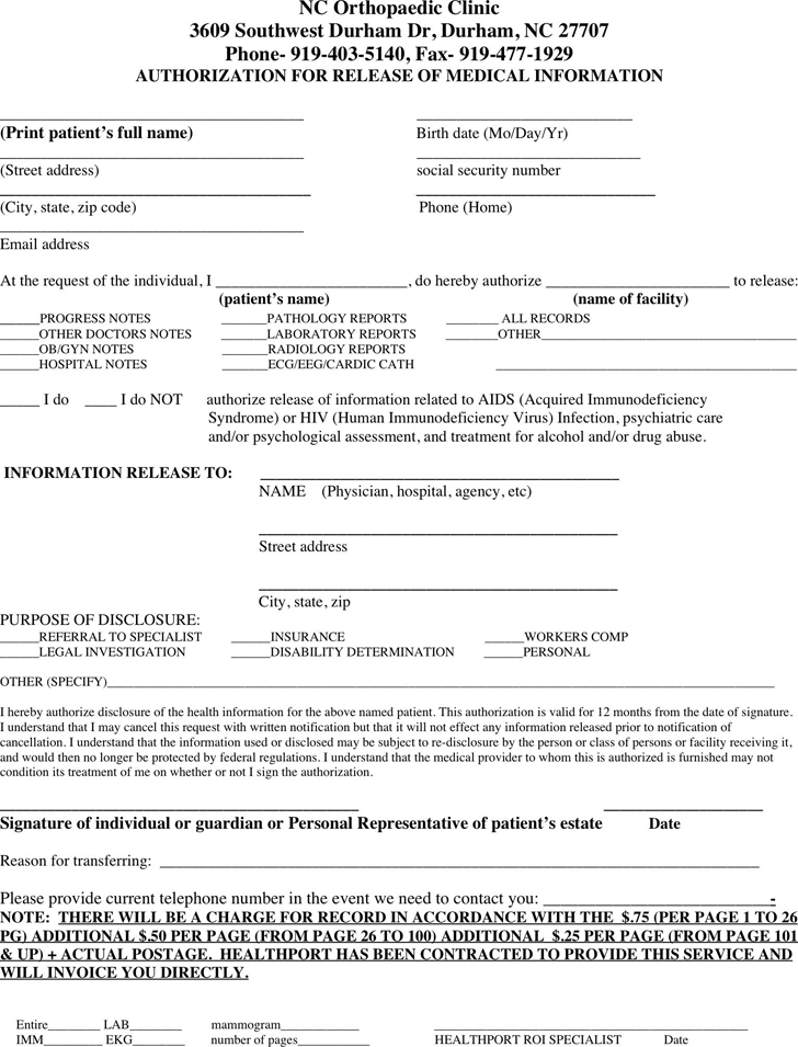 North Carolina Medical Records Release Form Download Free Printable 