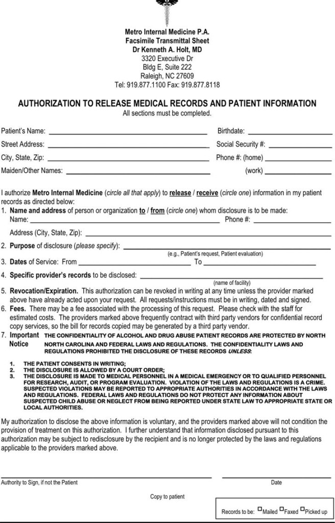 North Carolina Medical Records Release Form Download Free Printable 