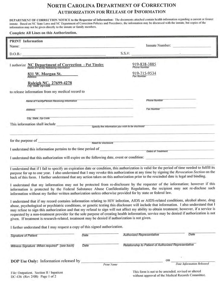 North Carolina Medical Records Release Form Download Free Printable