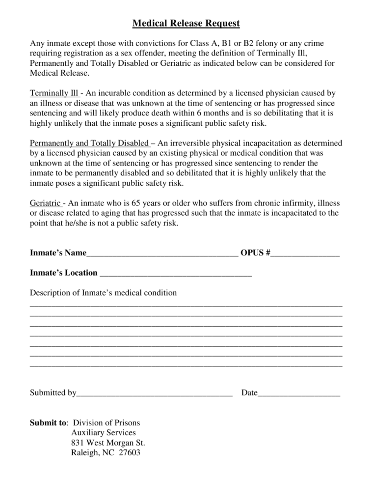 North Carolina Medical Release Request Form Download Fillable PDF 