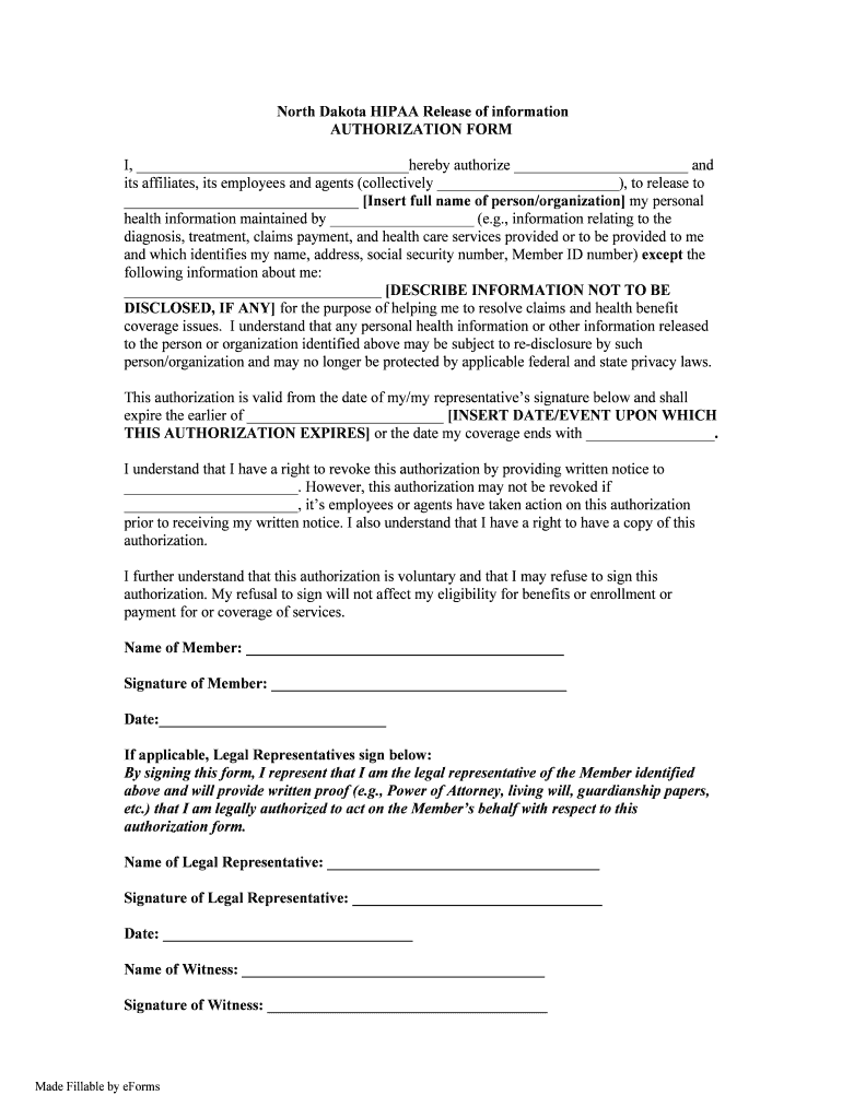 North Dakota HIPAA Release Of Information Fill Out And Sign Printable 