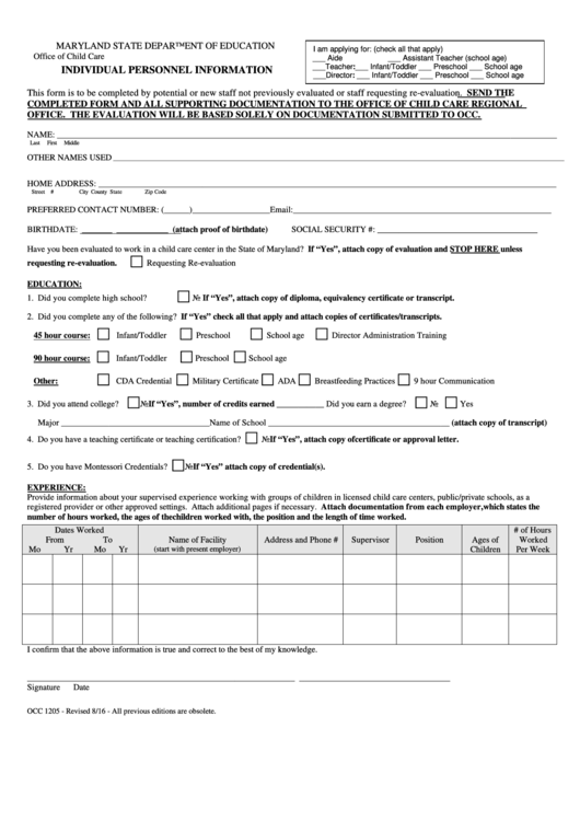 Occ 1205 Form Individual Personnel Information Printable Pdf Download