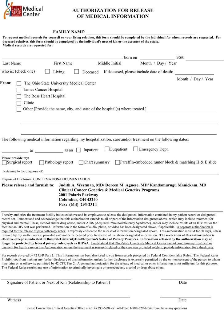 Ohio Authorization For Release Of Medical Information Download Free 