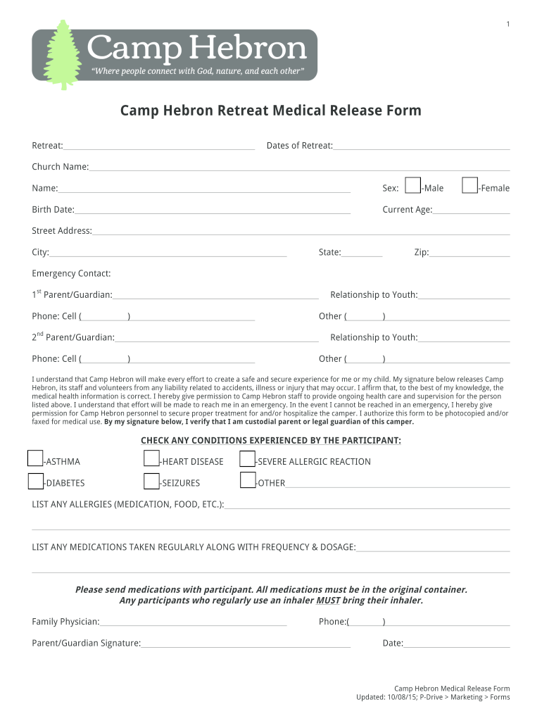 PA Camp Hebron Participant Information And Release Form 2017 Fill And