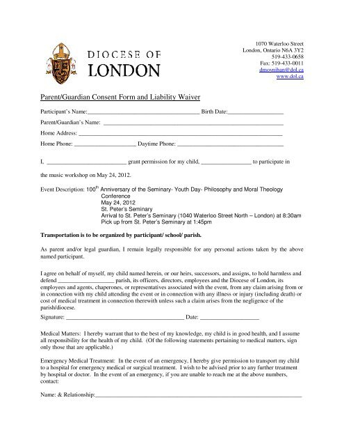 Parent Guardian Consent Form And Liability Waiver Diocese Of 