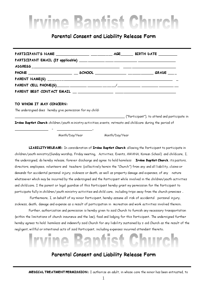 Parental Consent And Liability Release Form Templates At 