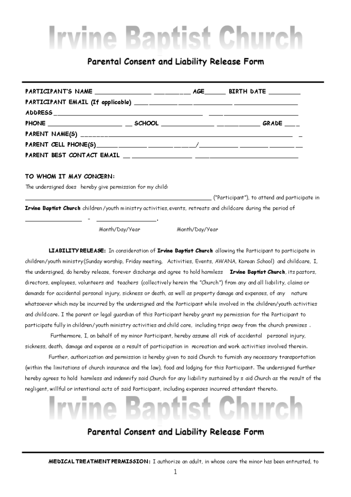 Parental Consent And Liability Release Form Templates At 
