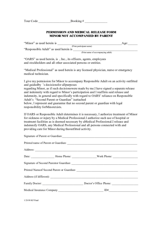 Parental guardian Permission And Medical Release Printable Pdf Download