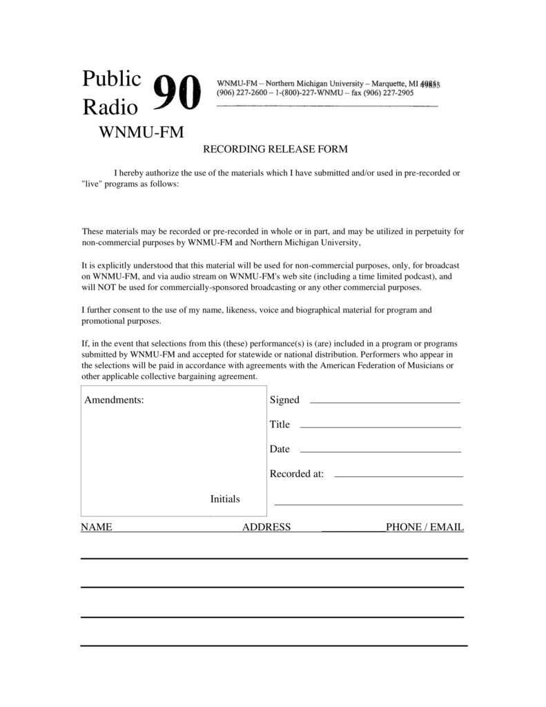 Peninsula Performances Recording Release Form WNMU FM