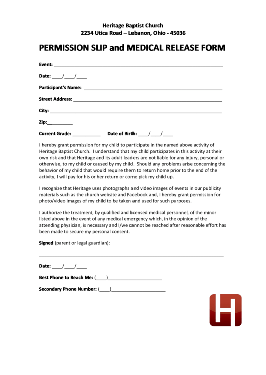 Permission Slip And Medical Release Form Printable Pdf Download