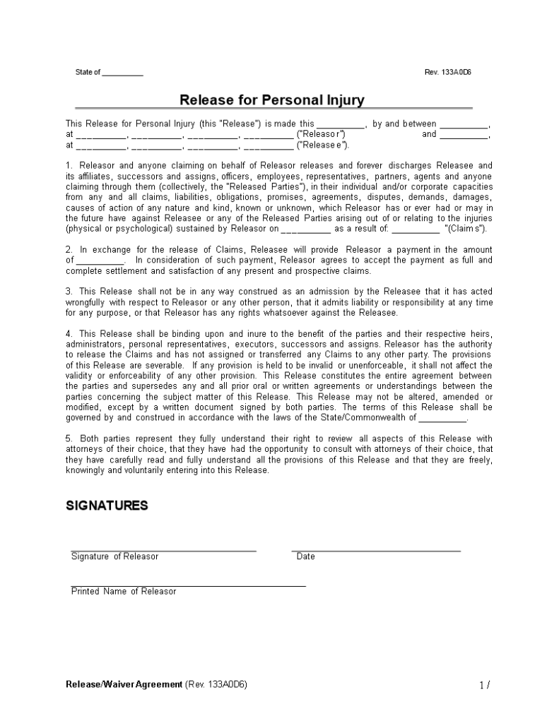 Personal Injury Release Waiver Agreement Templates At 