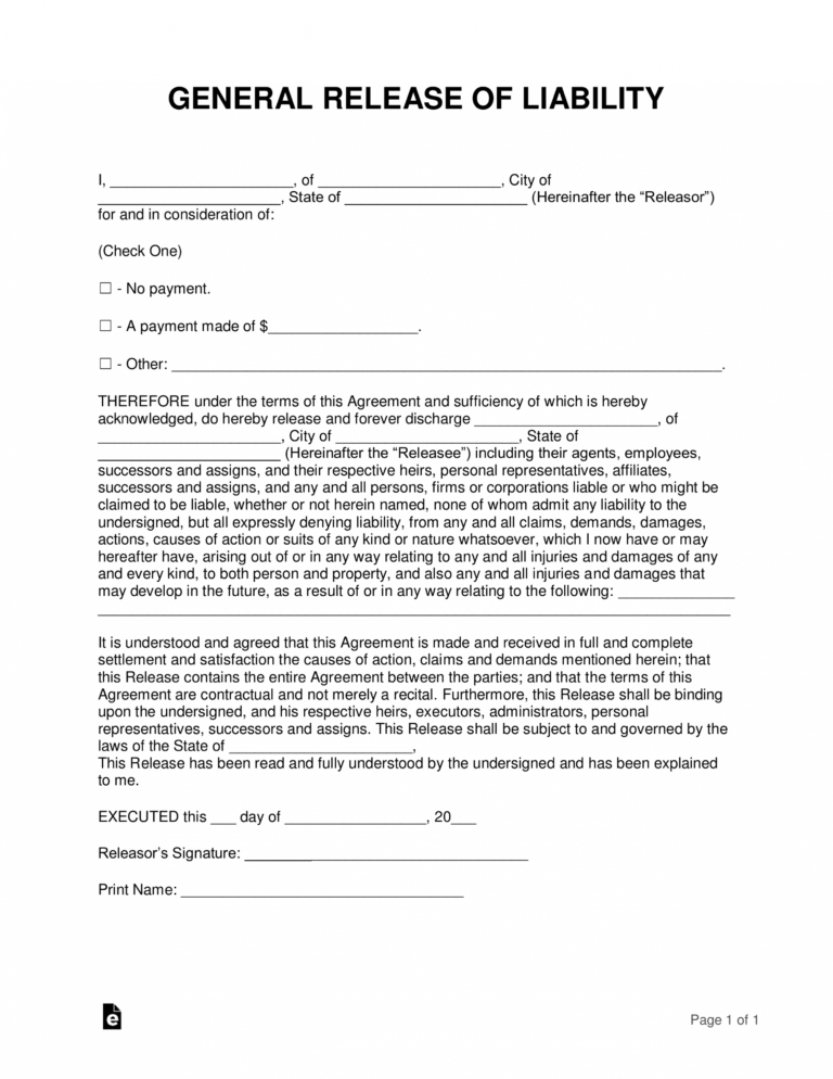 Printable Free Release Of Liability Hold Harmless Agreement Template 